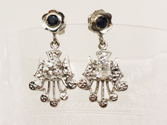 Vintage 14k White Gold Natural Diamond and Blue Sapphire Earrings Art Deco Dangle Earrings