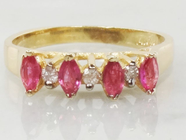 Vintage 14k Yellow Gold Natural Ruby and Diamond Ring July Birthstone Pinky Ring Size 3.5