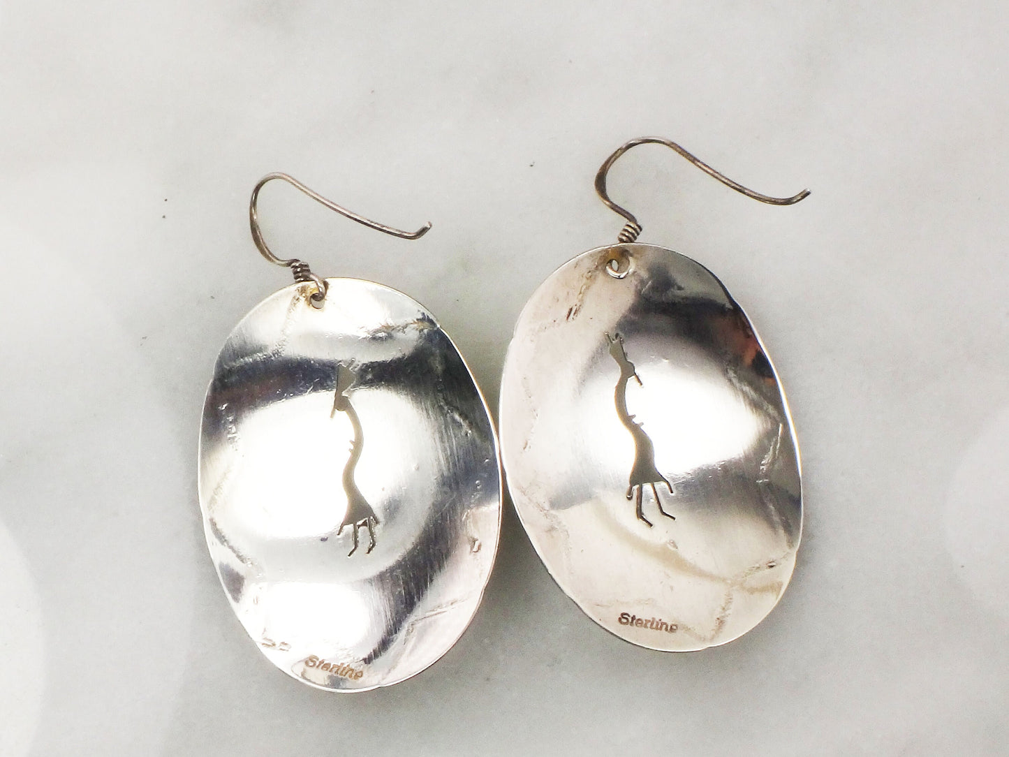 Vintage Large Sterling Silver Dangle Earrings Black Onyx Kokopelli Earrings with Ear Wires Southwestern Style