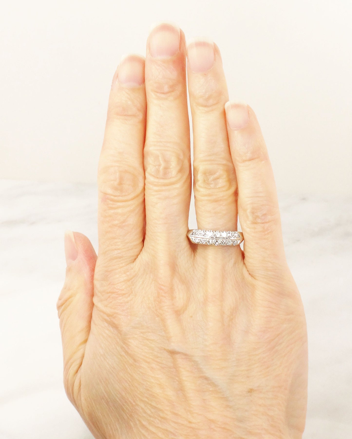 Vintage 14k White Gold Diamond Wedding Band: Double Row Ring, Size 7.75