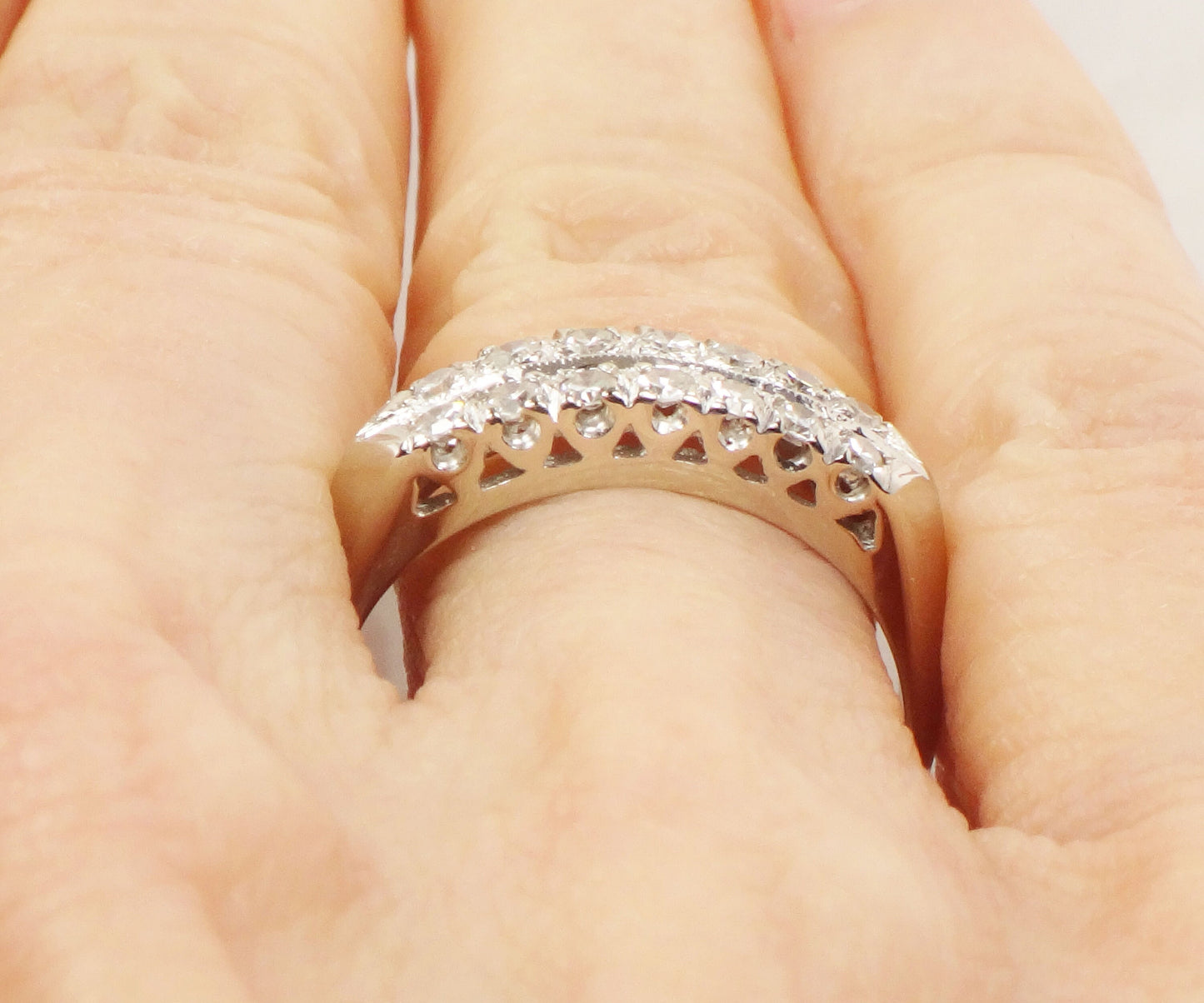 Vintage 14k White Gold Diamond Wedding Band: Double Row Ring, Size 7.75