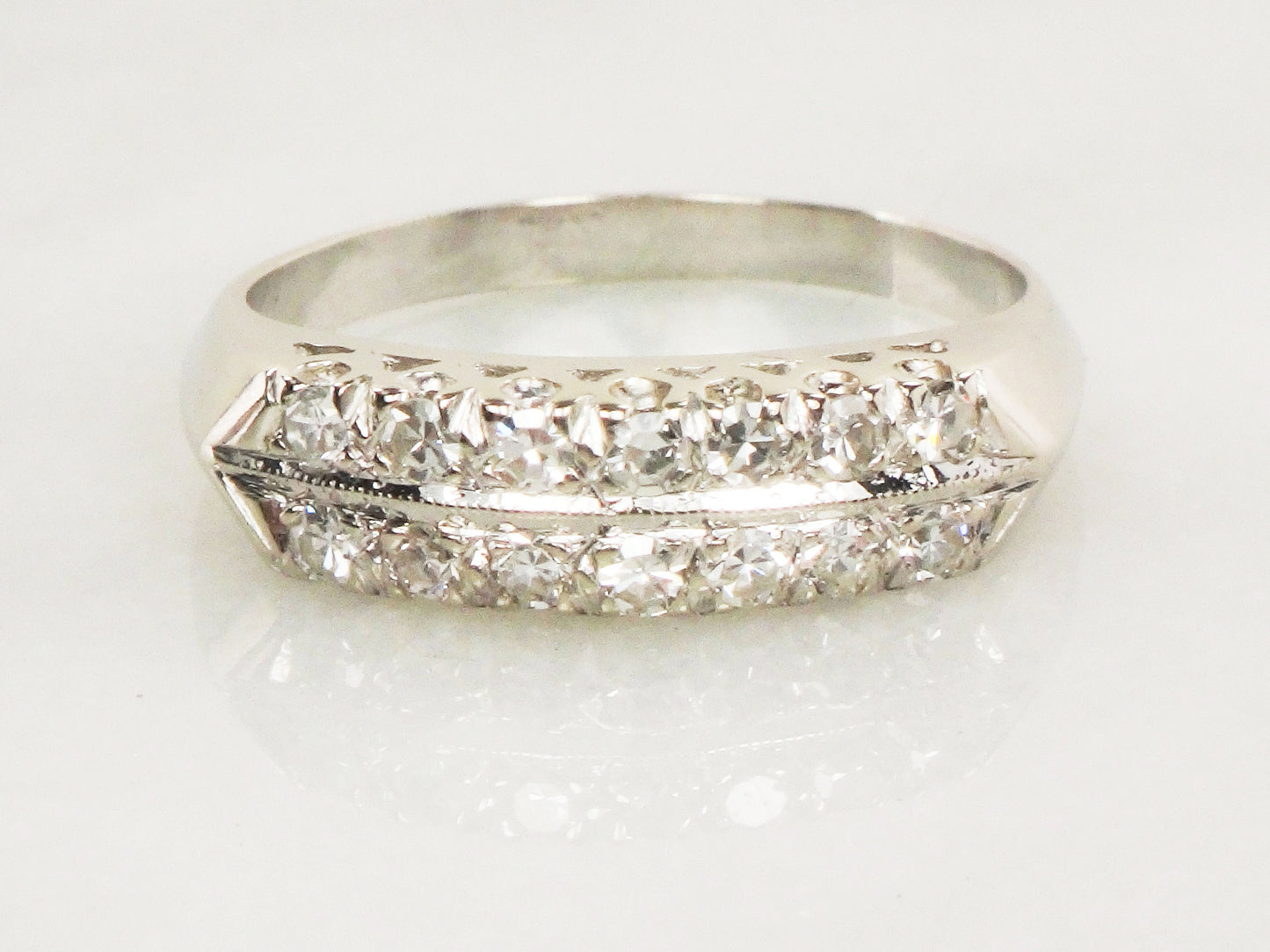 Vintage 14k White Gold Diamond Wedding Band: Double Row Ring, Size 7.75