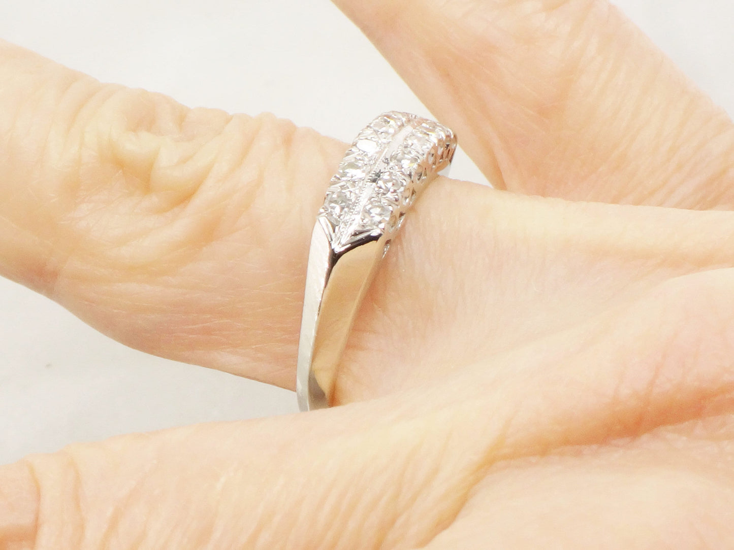 Vintage 14k White Gold Diamond Wedding Band: Double Row Ring, Size 7.75