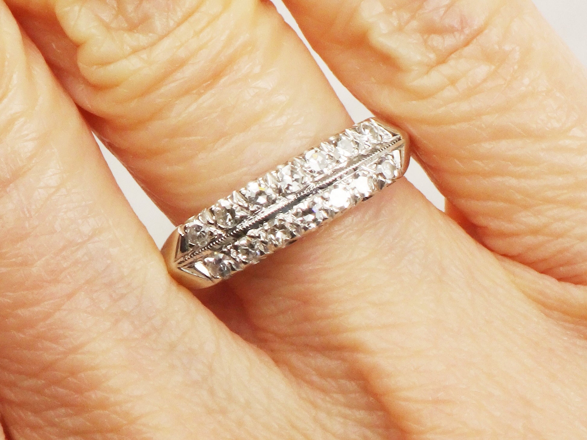 Vintage 14k White Gold Diamond Wedding Band: Double Row Ring, Size 7.75
