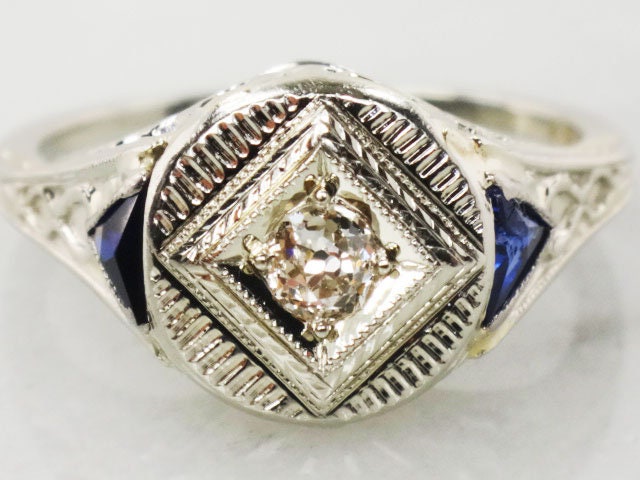 Vintage 18k White Gold Old Mine Cut Natural Diamond Engagement Ring with Sapphire Accents JR Wood Art Deco Filigree Bow Ring