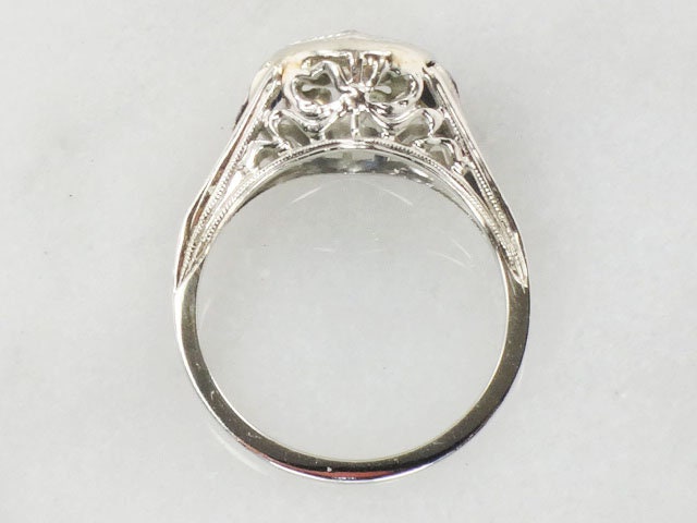 Vintage 18k White Gold Old Mine Cut Natural Diamond Engagement Ring with Sapphire Accents JR Wood Art Deco Filigree Bow Ring