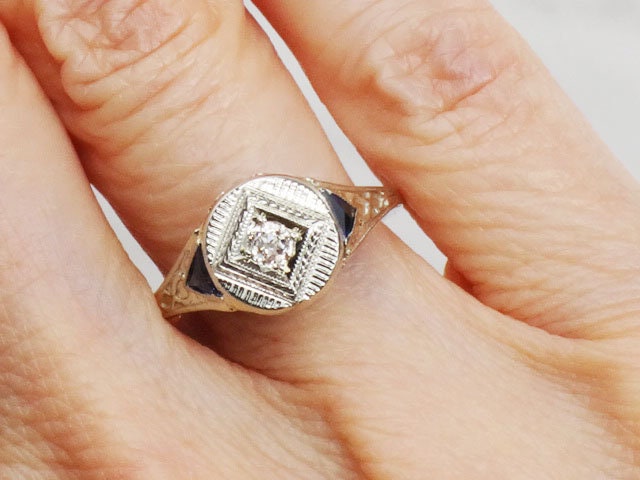 Vintage 18k White Gold Old Mine Cut Natural Diamond Engagement Ring with Sapphire Accents JR Wood Art Deco Filigree Bow Ring