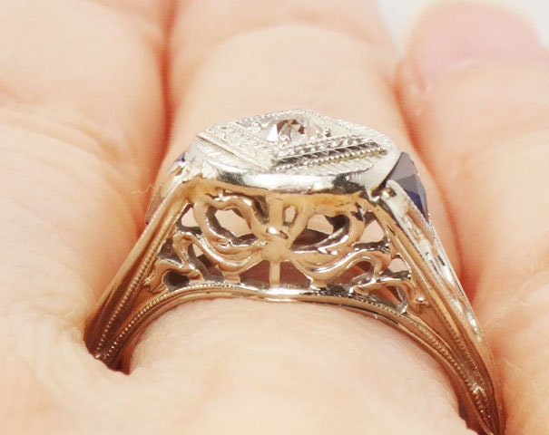 Vintage 18k White Gold Old Mine Cut Natural Diamond Engagement Ring with Sapphire Accents JR Wood Art Deco Filigree Bow Ring