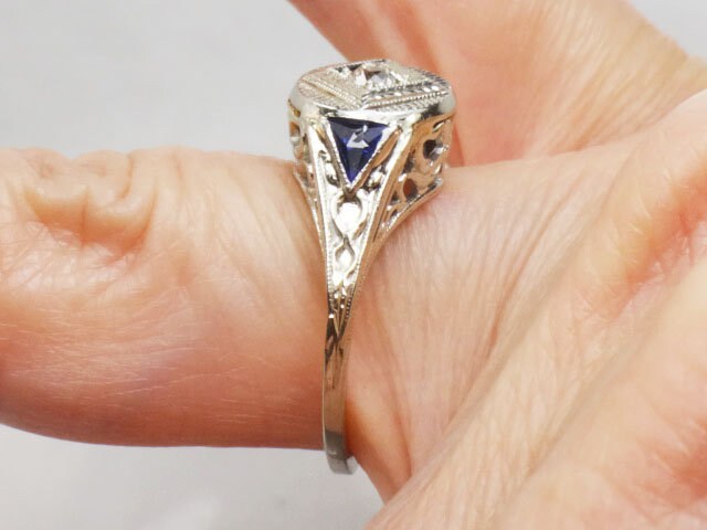Vintage 18k White Gold Old Mine Cut Natural Diamond Engagement Ring with Sapphire Accents JR Wood Art Deco Filigree Bow Ring