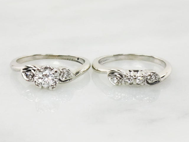 Vintage 14k White Gold Natural Diamond Engagement Ring Set, Diamond Engagement Ring with Matching Diamond Wedding Band