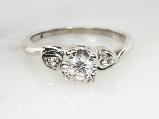 Vintage 14k White Gold Natural Diamond Engagement Ring Set, Diamond Engagement Ring with Matching Diamond Wedding Band