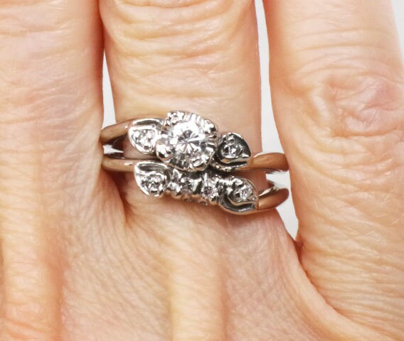 Vintage 14k White Gold Natural Diamond Engagement Ring Set, Diamond Engagement Ring with Matching Diamond Wedding Band