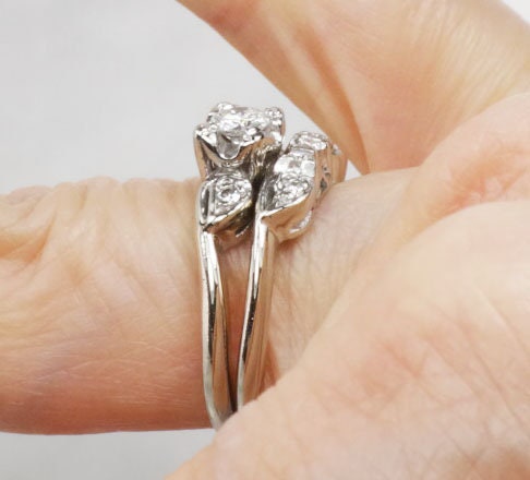 Vintage 14k White Gold Natural Diamond Engagement Ring Set, Diamond Engagement Ring with Matching Diamond Wedding Band