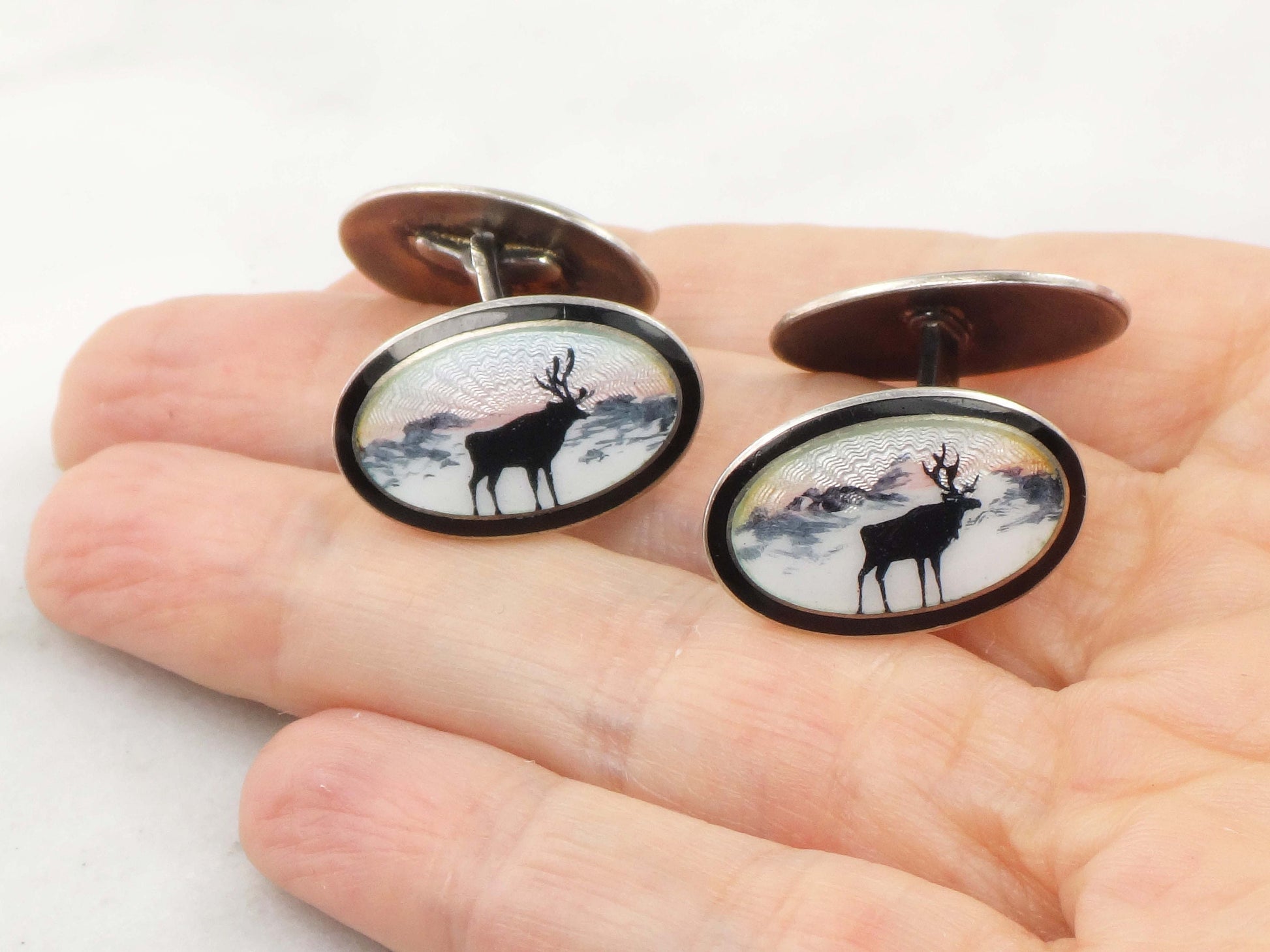 Vintage Georg Ruud Sterling Silver Guilloche Enamel Elk Cufflinks