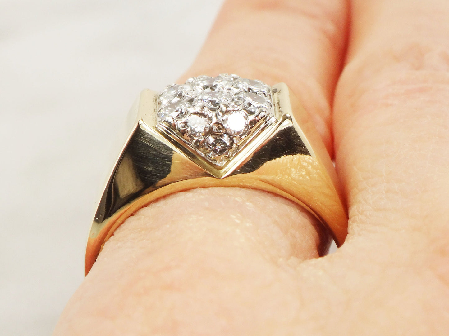 Large 14k Yellow Gold Natural Diamond Cluster Ring Vintage IB Goodman Men's Diamond Ring with Approx 1 CT TDW - Size 10
