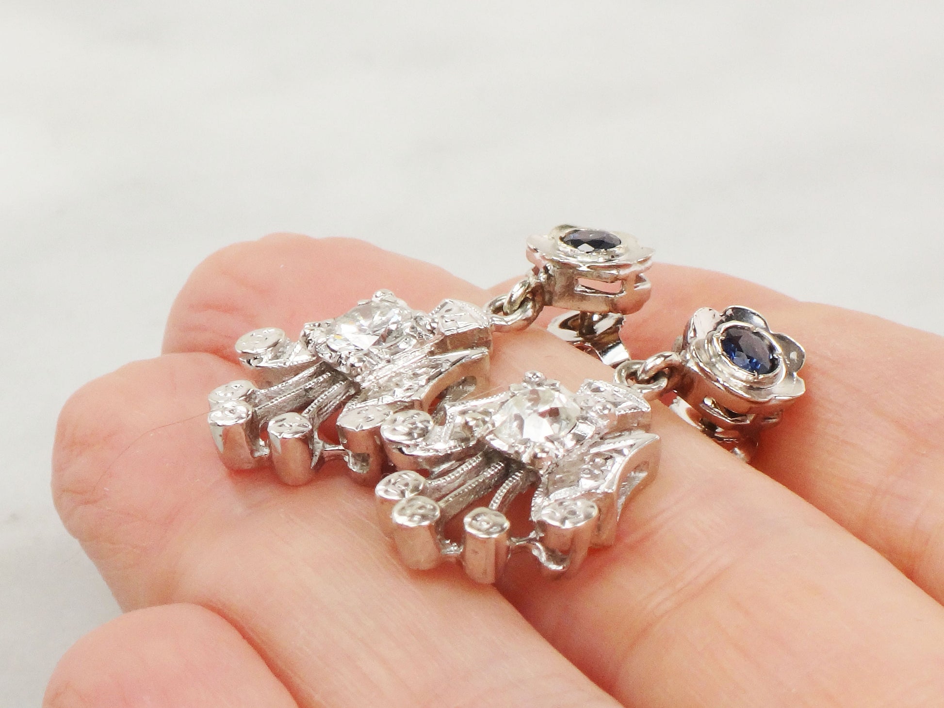 Vintage 14k White Gold Natural Diamond and Blue Sapphire Earrings Art Deco Dangle Earrings