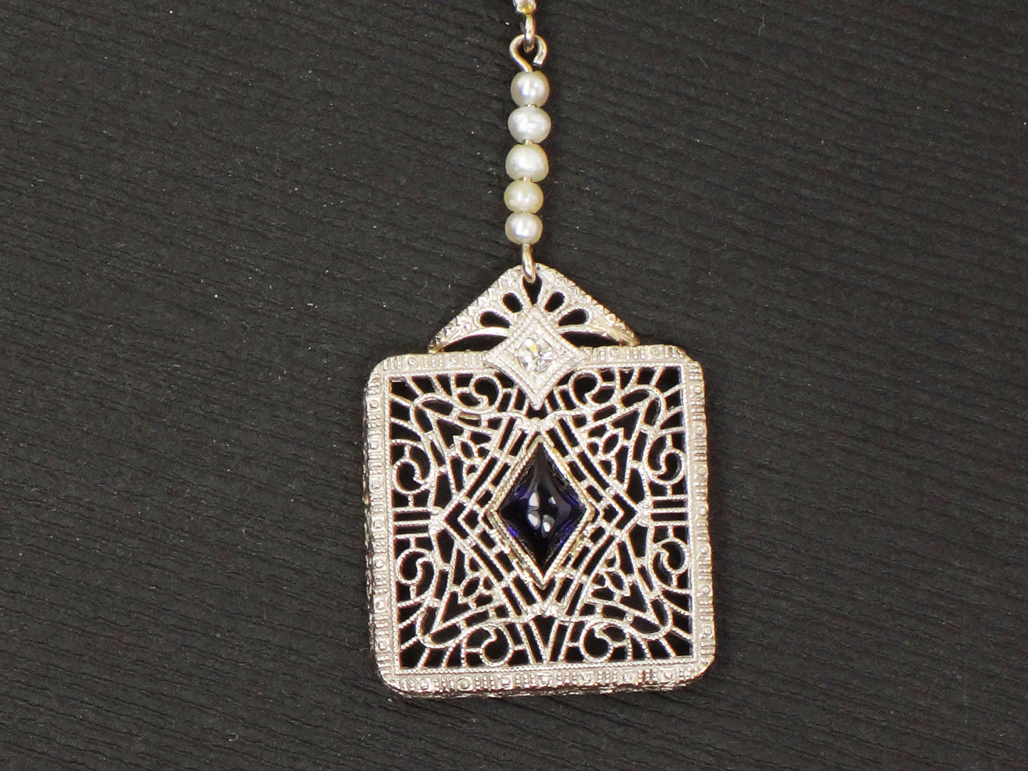 Vintage Art Deco Sapphire Necklace: 14k White Gold, Platinum, Diamond, Pearl Filigree
