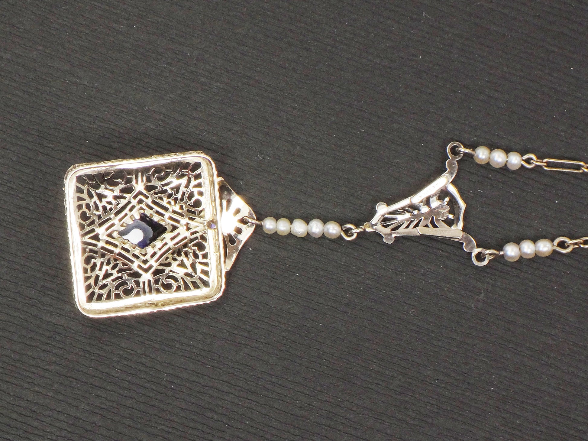 Vintage Art Deco Sapphire Necklace: 14k White Gold, Platinum, Diamond, Pearl Filigree