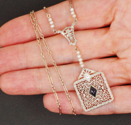 Vintage Art Deco Sapphire Necklace: 14k White Gold, Platinum, Diamond, Pearl Filigree
