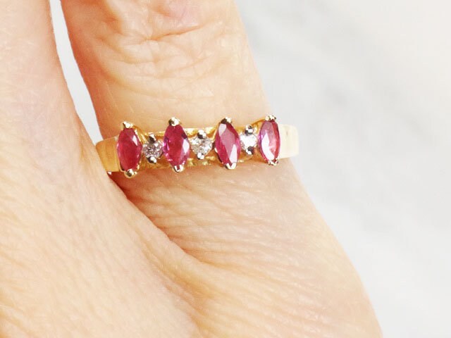 Vintage 14k Yellow Gold Natural Ruby and Diamond Ring July Birthstone Pinky Ring Size 3.5