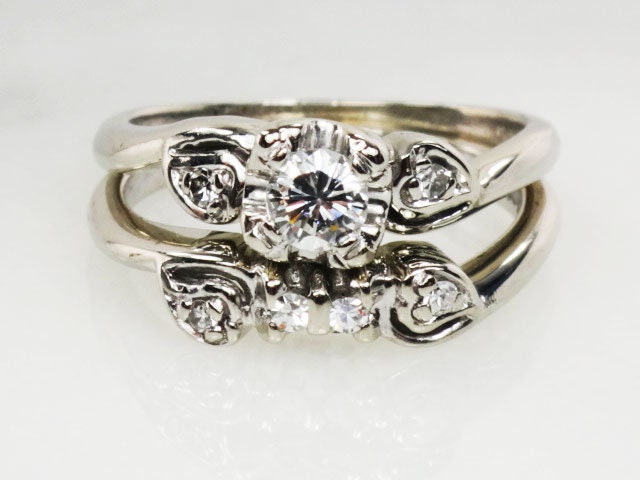 Vintage 14k White Gold Natural Diamond Engagement Ring Set, Diamond Engagement Ring with Matching Diamond Wedding Band
