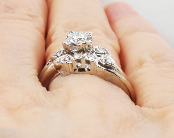 Vintage 14k White Gold Natural Diamond Engagement Ring Set, Diamond Engagement Ring with Matching Diamond Wedding Band