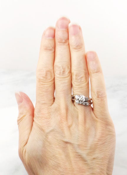 Vintage 14k White Gold Natural Diamond Engagement Ring Set, Diamond Engagement Ring with Matching Diamond Wedding Band