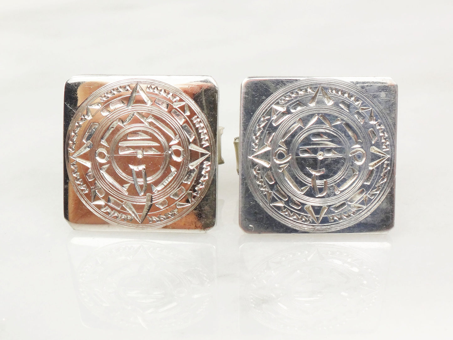 Vintage Sterling Silver Cufflinks Square Sterling Silver Cufflinks Mexico Signed RM Cufflinks Aztec Myan Sun Calendar Cufflinks