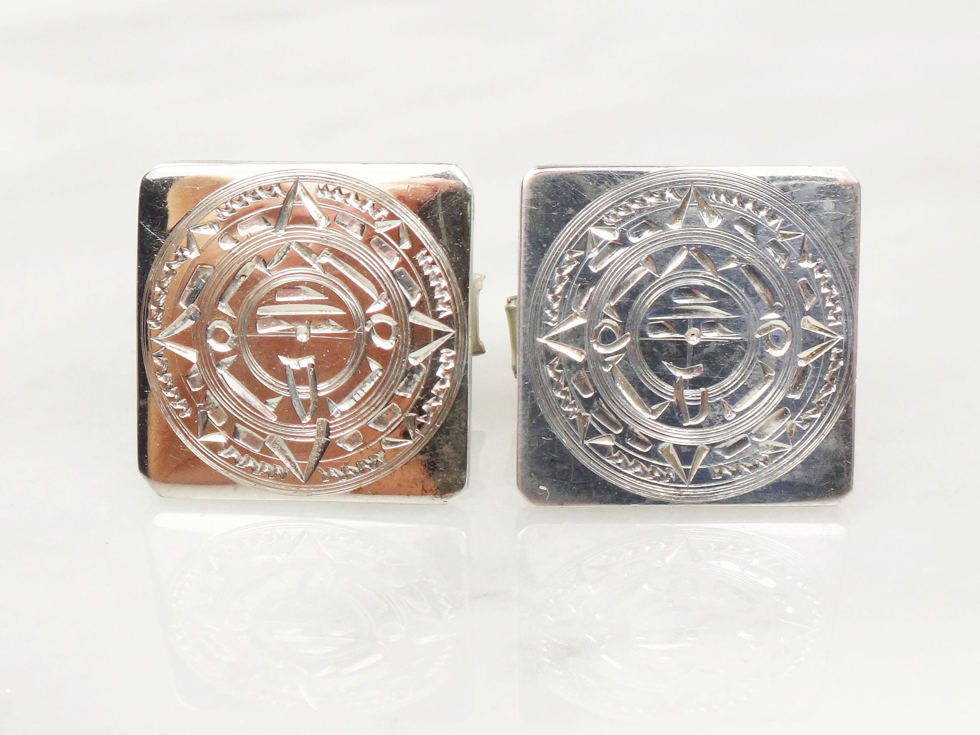 Vintage Sterling Silver Cufflinks Square Sterling Silver Cufflinks Mexico Signed RM Cufflinks Aztec Myan Sun Calendar Cufflinks