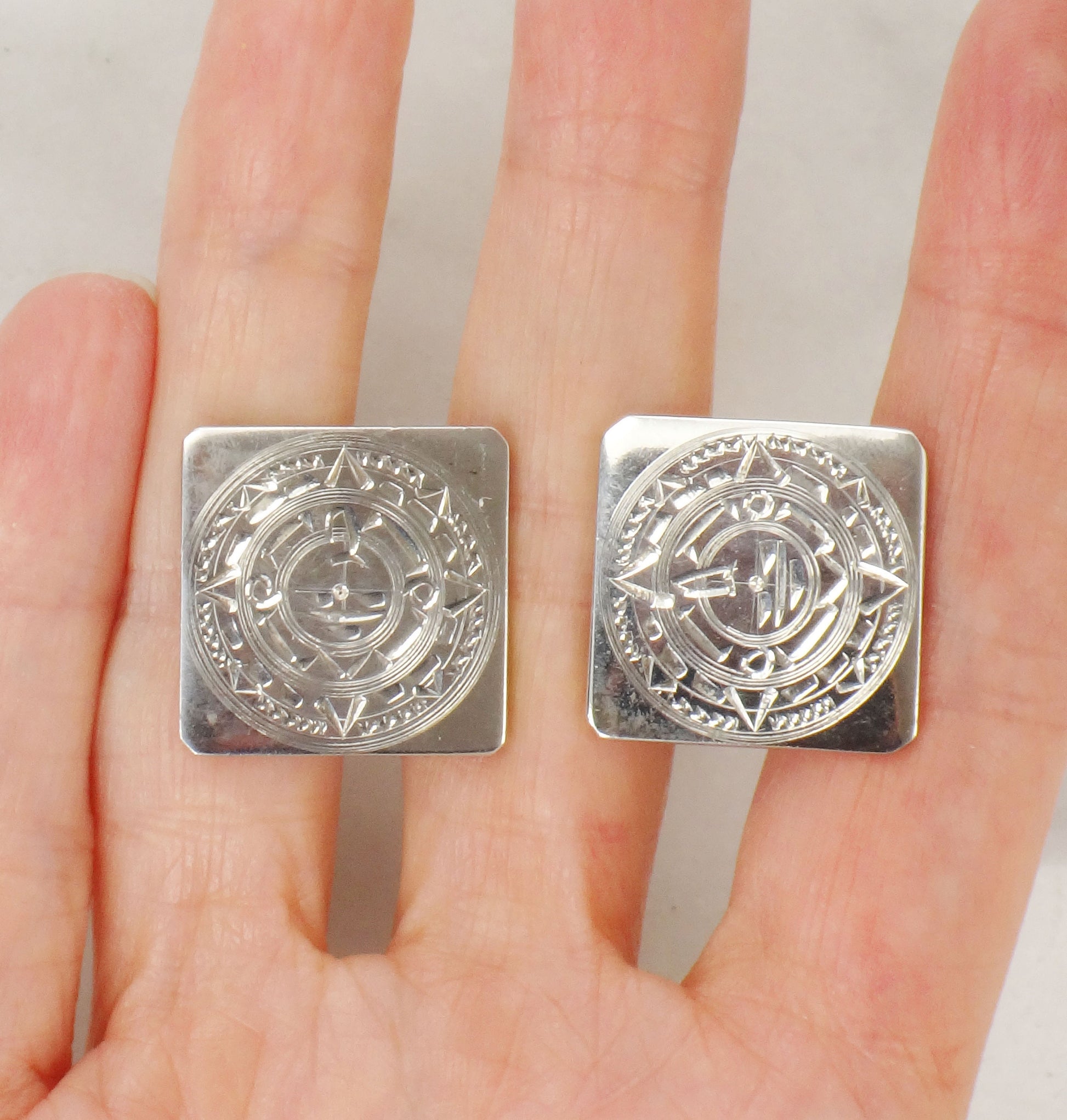 Vintage Sterling Silver Cufflinks Square Sterling Silver Cufflinks Mexico Signed RM Cufflinks Aztec Myan Sun Calendar Cufflinks