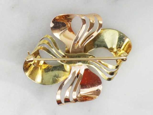 Vintage 14k Yellow & Rose Gold Bow Brooch - Retro 1950s Pin