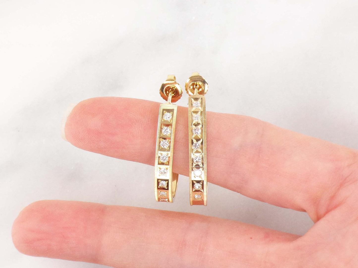 Vintage 14k Yellow Gold Natural Diamond Half Hoop Earrings Approx .40 CT TDW Large Gold Diamond Earrings