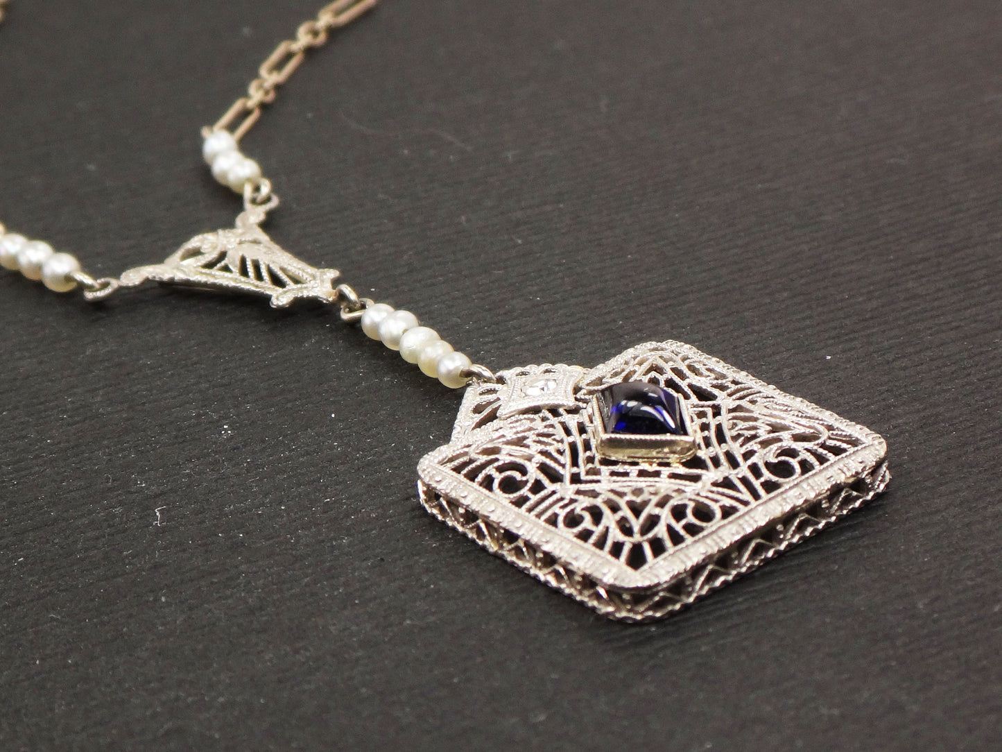 Vintage Art Deco Sapphire Necklace: 14k White Gold, Platinum, Diamond, Pearl Filigree