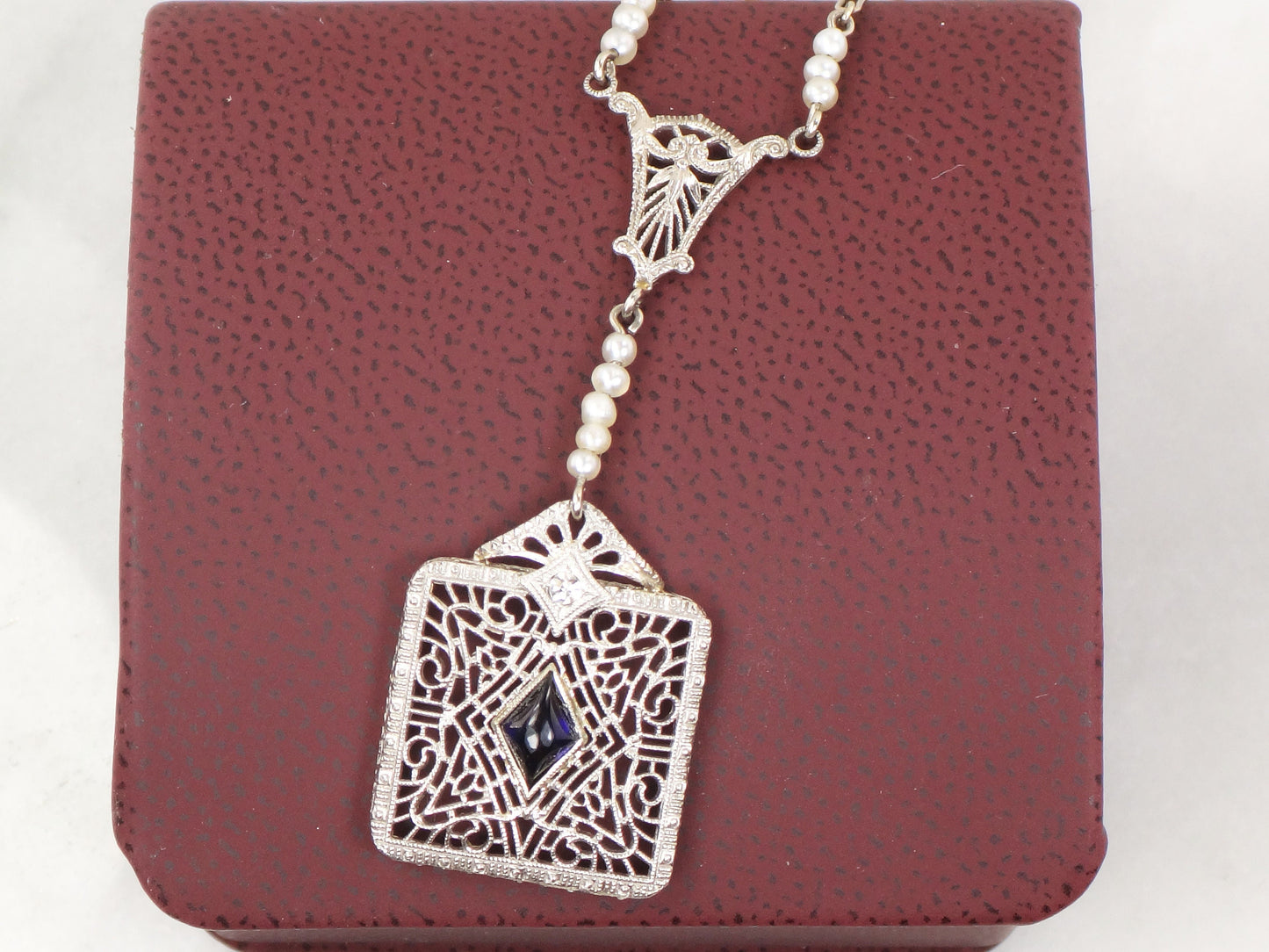 Vintage Art Deco Sapphire Necklace: 14k White Gold, Platinum, Diamond, Pearl Filigree