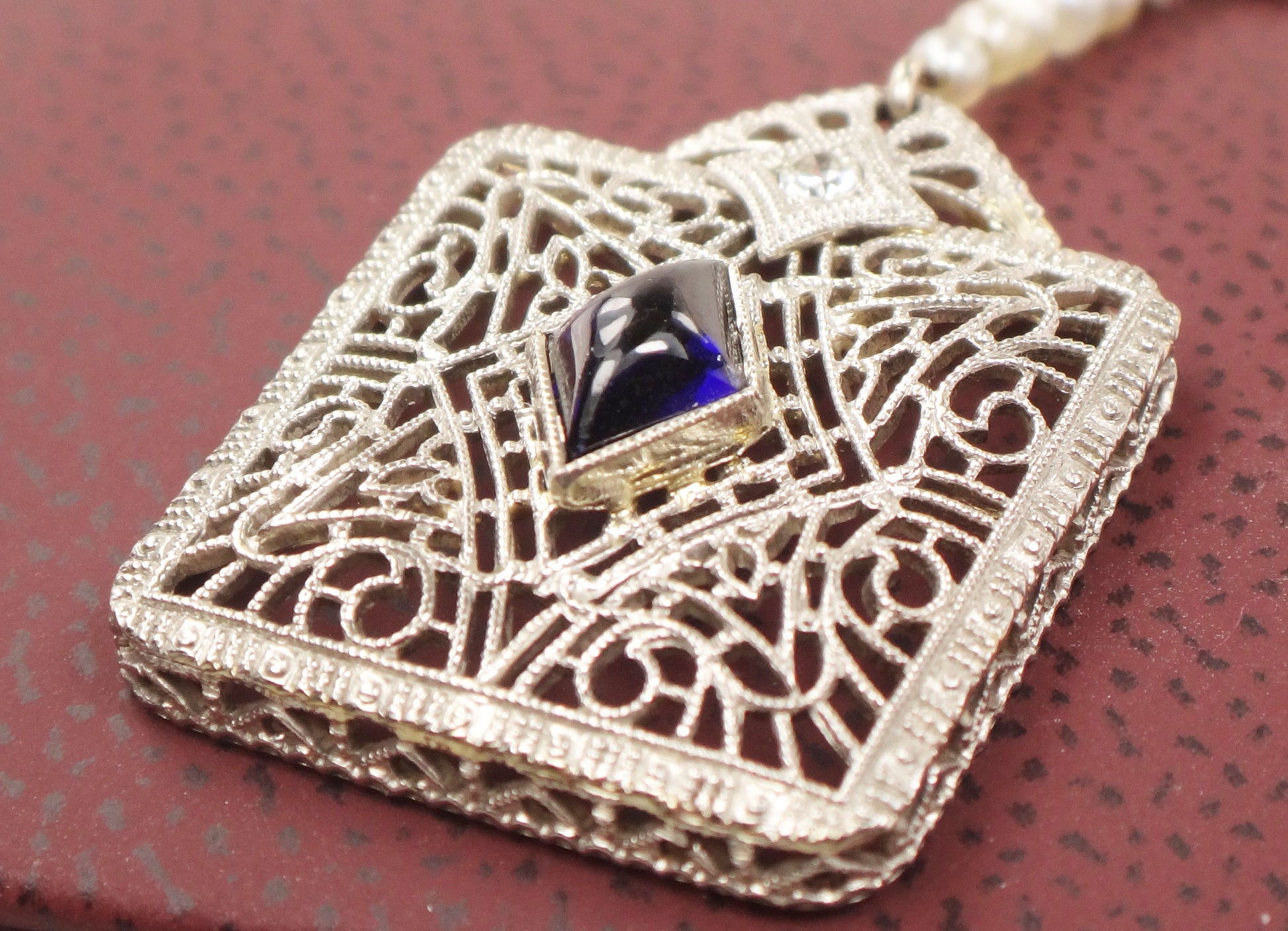 Vintage Art Deco Sapphire Necklace: 14k White Gold, Platinum, Diamond, Pearl Filigree
