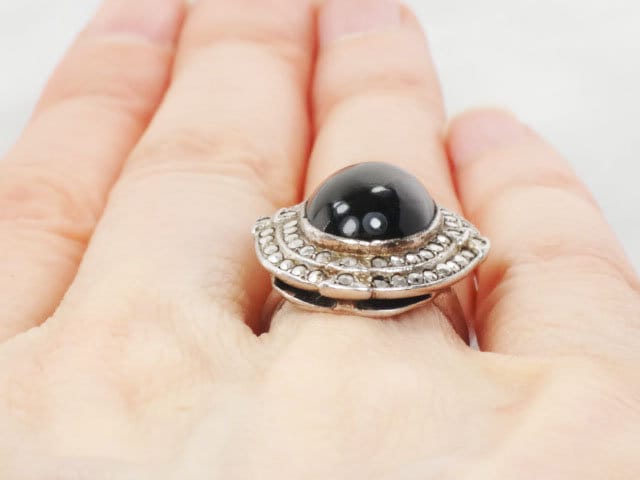 Vintage Art Deco Sterling Silver Marcasite Ring: Black Onyx, Size 3.75