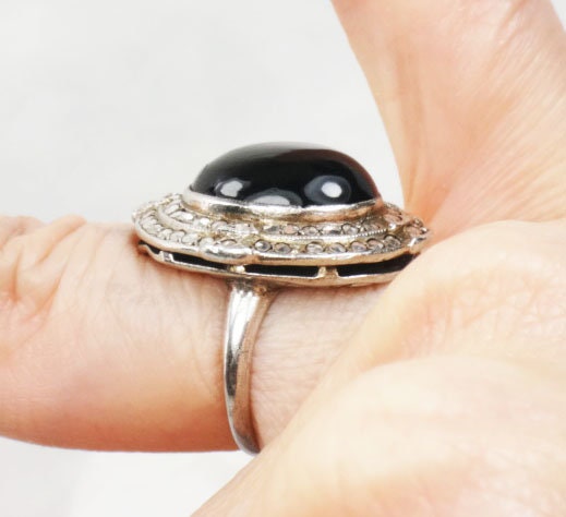 Vintage Art Deco Sterling Silver Marcasite Ring: Black Onyx, Size 3.75
