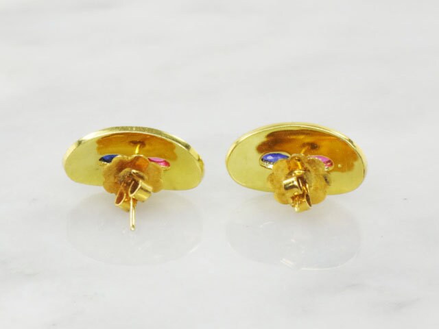 Vintage 22k Yellow Gold Etruscan Style Stud Earrings with Ruby & Sapphire Solid 22k Gold Earrings