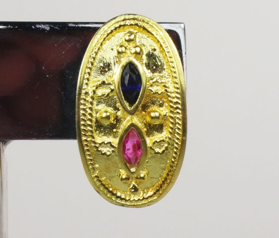 Vintage 22k Yellow Gold Etruscan Style Stud Earrings with Ruby & Sapphire Solid 22k Gold Earrings