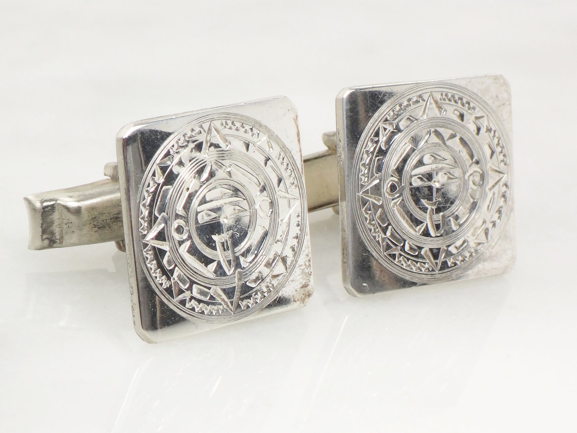Vintage Sterling Silver Cufflinks Square Sterling Silver Cufflinks Mexico Signed RM Cufflinks Aztec Myan Sun Calendar Cufflinks