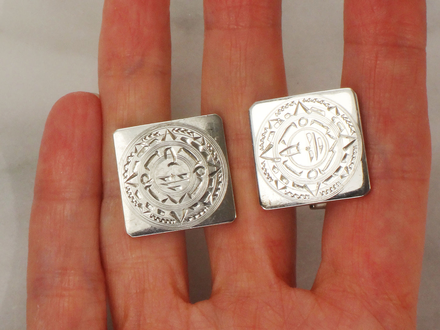 Vintage Sterling Silver Cufflinks Square Sterling Silver Cufflinks Mexico Signed RM Cufflinks Aztec Myan Sun Calendar Cufflinks