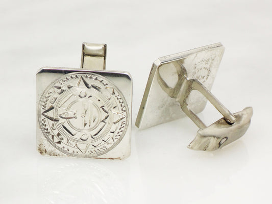 Vintage Sterling Silver Cufflinks Square Sterling Silver Cufflinks Mexico Signed RM Cufflinks Aztec Myan Sun Calendar Cufflinks