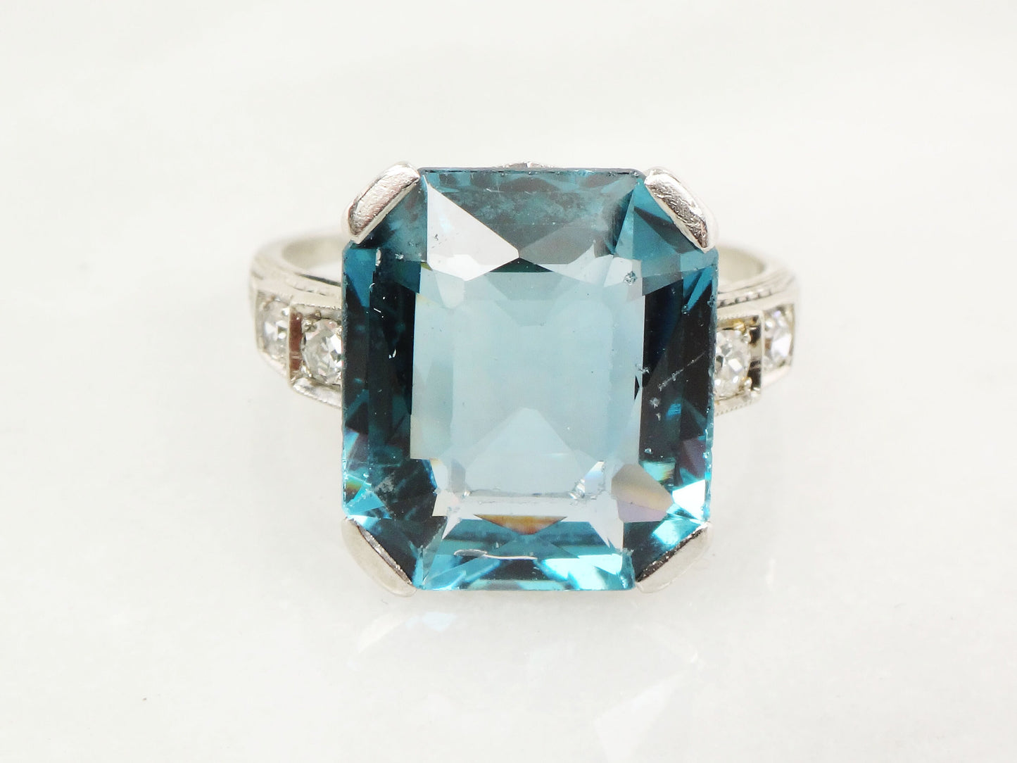 Vintage Art Deco 18k White Gold Blue Spinel and Diamond Ring, Blue December Birthstone Size 6.75