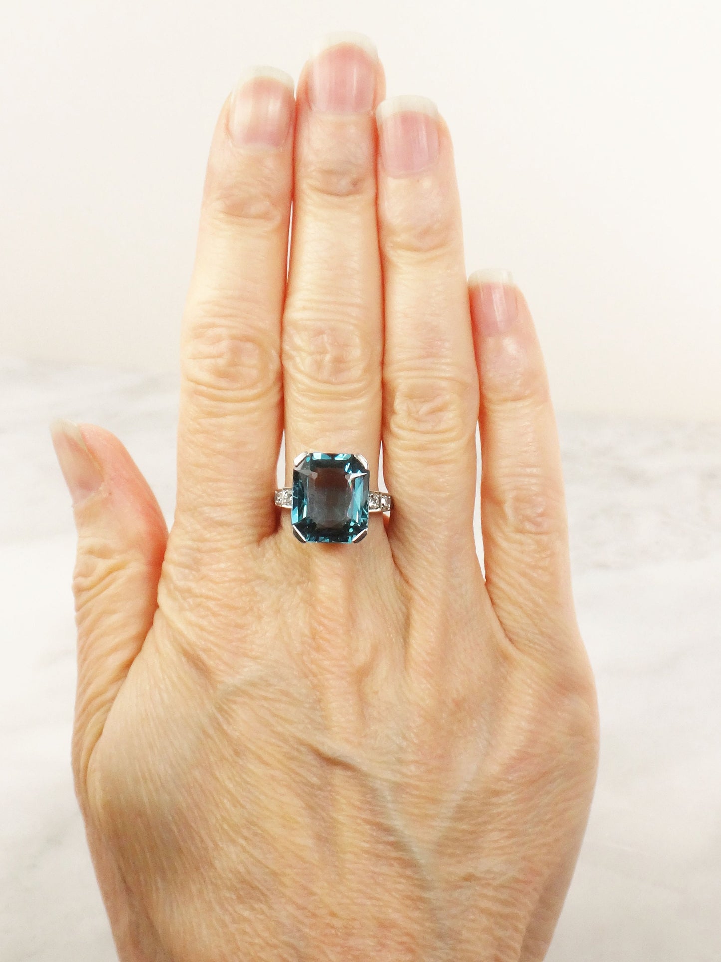 Vintage Art Deco 18k White Gold Blue Spinel and Diamond Ring, Blue December Birthstone Size 6.75