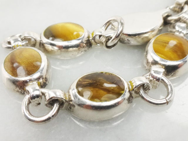 Vintage Sterling Silver Tiger Eye Bracelet, Mexico 925 Natural Stone Bracelet 8"
