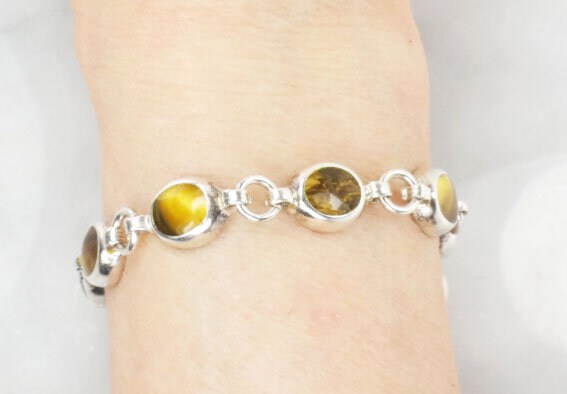 Vintage Sterling Silver Tiger Eye Bracelet, Mexico 925 Natural Stone Bracelet 8"