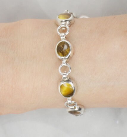Vintage Sterling Silver Tiger Eye Bracelet, Mexico 925 Natural Stone Bracelet 8"