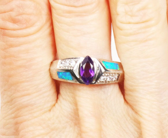 Vintage Sterling Silver Amethyst and Opal Ring: Purple February Birthstone, Size 10