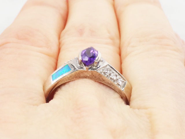 Vintage Sterling Silver Amethyst and Opal Ring: Purple February Birthstone, Size 10