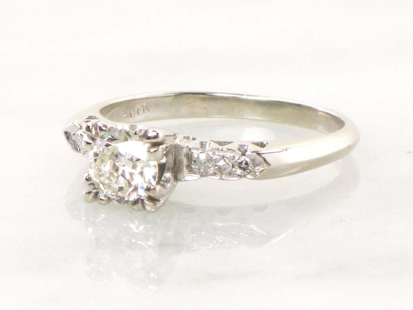 Vintage 14k White Gold Natural Diamond Engagement Ring Transitional European Cut Diamond - Size 8